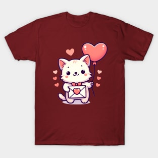 Purrfect Valentine's Day: Cat Delivers Love Letter and Heart Balloon T-Shirt